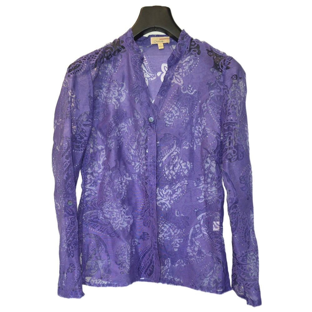 Choices Purple Burnout Paisley Button Down Shirt Mandarin Collar Sparkle Small